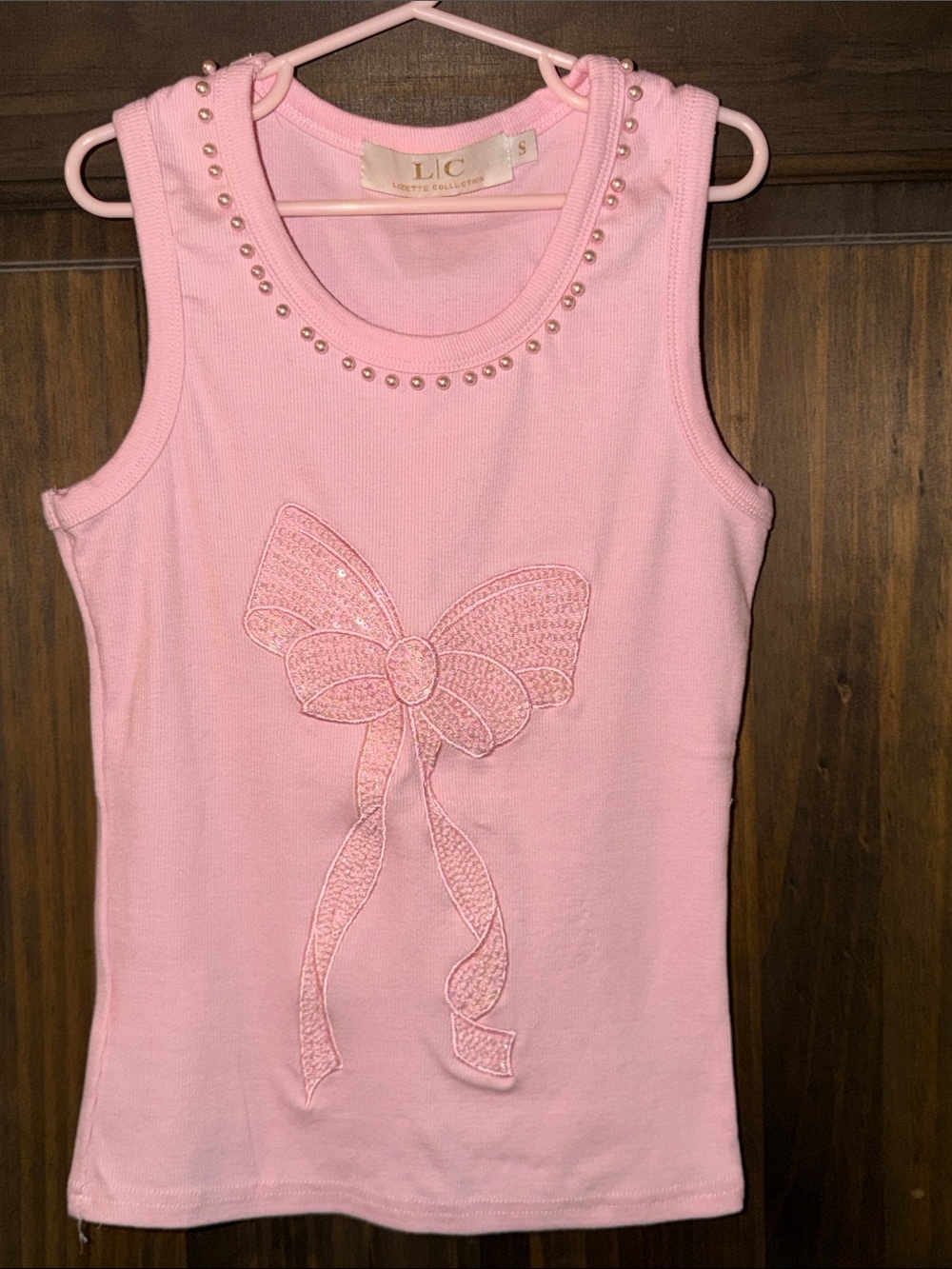 LIC Girls' Pink Bow Applique Tank Top with Studded Neckline